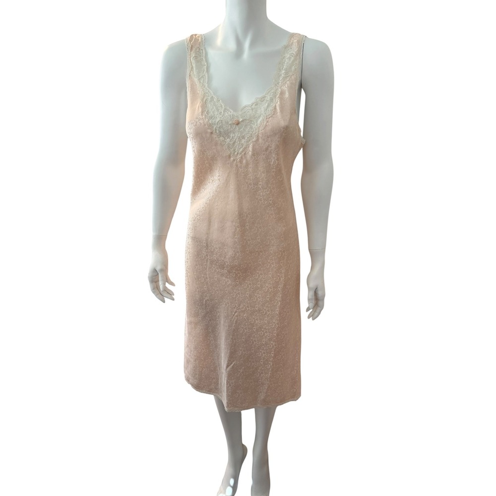 Barbizon Vintage Peach Floral Damask Lace Trim Full‎ Slip Nightgown Medium